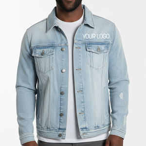 Veste en jean pour homme de haute qualité au design vintage bleu clair délavé Streetwear Col rabattu Veste lourde - Product Image 4