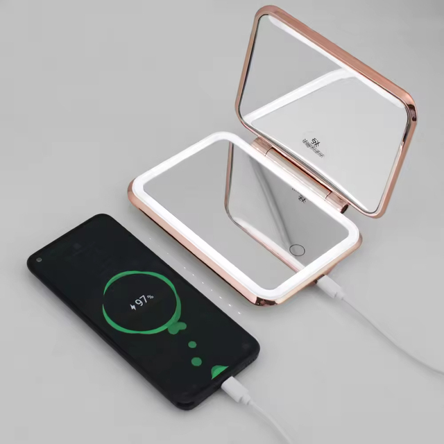 Private Label 2024 Charging Treasure Double Sided Lighted Travel Makeup Mirror Power Bank Led Compact Mirror