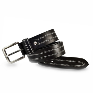 Cinturón de cuero genuino para hombre con doble costura blanca Cinturón de vestir informal negro con hebilla de PIN Cinturón de uso diario Negro - Product Image 3