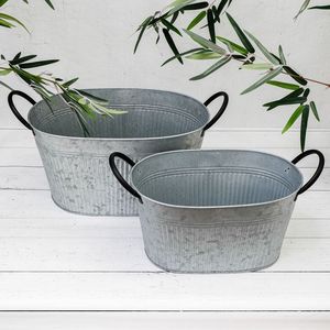 Ensemble de pots de plantes ovales en métal galvanisé vintage avec poignées noires, jardinières rustiques de style ferme pour la décoration intérieure/extérieure - Product Image 1