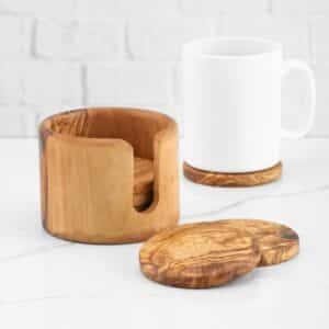 Ensemble de dessous-de-verre en bois d'olivier contemporain ArtisRaw avec support, durable et écologique - Product Image 4