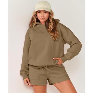 Conjunto elegante de Sudadera con capucha y pantalones cortos de color liso para mujer, atuendo ligero y cómodo para uso informal y activo - Product Image 5