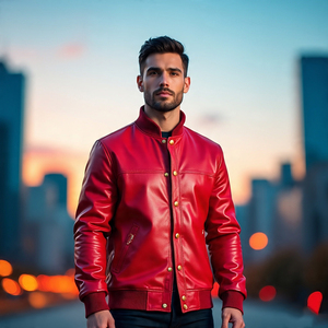 <b>Men's</b> Genuine <b>Leather</b> High Street Varsity Jacket Crew Neck Loose Fit Eco-Friendly Windproof Front Logo - Product Image 2