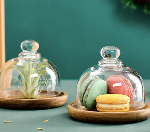 Plateau de service à gâteaux en bois d'acacia écologique avec couvercle en dôme en acrylique, porte-dessert et présentoir, outils pour gâteaux - Product Image 1