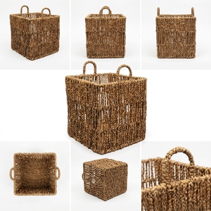 Natural Hand Woven Seagrass Water Hyacinth Square Storage <b>Basket</b> Arch Handle <b>Cube</b> Shelf Organizer Setup Decor Pure Art Design - Product Image 2