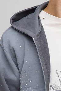 Conjunto de Sudadera con Capucha y Pantalones Deportivos Ajustados con Pedrería, Lavados, con Cierre, Transpirables, de Algodón Mezclado, Estilo Urbano, Proveedor OEM Personalizado - Product Image 2