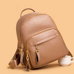 Beige Genuine Leather Modern Zipper Closure Women Laptop Backpack College Fashion Travel <b>Bag</b> School Daypack Large <b>Work</b> Purse - Product Image 4