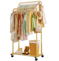 Étagère à vêtements pliable à double niveau sur roulettes avec cadre métallique moyen, installation au sol pour supermarché et maison