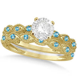 Ensemble de mariage vintage en or jaune 18 carats avec diamant et topaze bleue, bijoux fins classiques pour mariage ou cadeau - Product Image 1