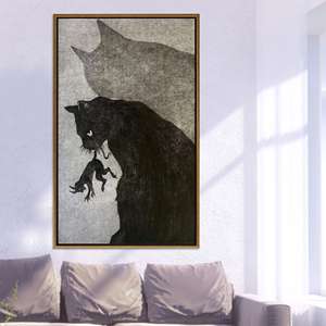 Printed Canvas: Elegant Mother Cat & Kitten Silhouette Wall Art,GOLD <b>FRAMED</b> CANVAS - Product Image 1