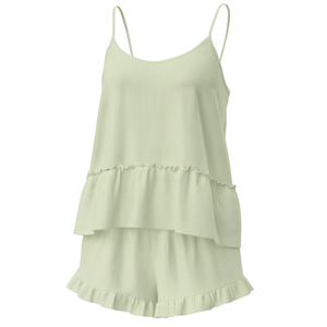 Fashion Women's Ribbed Knit Ruffle Hem Camisole Shorts Set Minimalist <b>Thermal</b> <b>Pajama</b> Lounge Sleepwear OEM ODM Clothing Front - Product Image 1