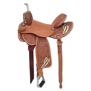 Selle de baril western sur mesure haut de gamme, arbre en fibre de verre, cuir de buffle, sculpture florale, plumes, peinture, pré-tournée - Product Image 1
