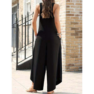 Women's Strappy Round Neck <b>Pocketed</b> Loose Long Viscose <b>Jumpsuit</b>, 34452 - Black - Product Image 3