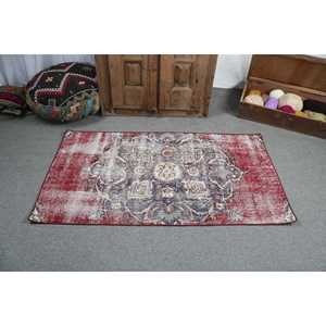 Vintage 2.6x4.9 ft Rug, Small Turkish Rug, <b>Red</b> Blue Ikat <b>Wool</b> Rug - Product Image 3