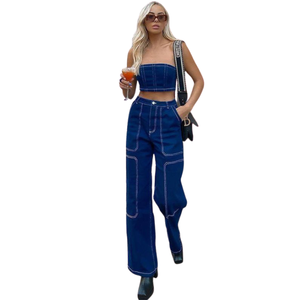 Ensemble de costume en denim délavé foncé pour femme tenue deux pièces avec coupe sur mesure, design minimaliste et style de rue à la mode - Product Image 4