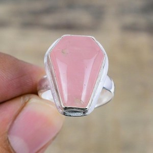 Elegante cuarzo rosa 925 plata esterlina anillo ajustable hecho a mano forma de ataúd joyería de piedras preciosas regalo de Año Nuevo - Product Image 5