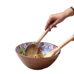 Ensemble de saladiers en bois d'acacia fabriqués à la main et respectueux de l'environnement, imprimé floral, comprenant une cuillère en bois assortie, une fourchette, une cuisine lavable au lave-vaisselle - Product Image 1