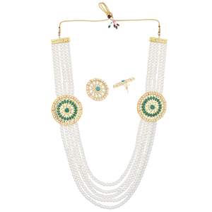 ชุดสร้อยคอทองคำสำหรับเจ้าสาวแบบอินเดียชุดสร้อยคอลูกปัดไข่มุกเทียมหลายชั้นต่างหูคริสตัลสีเขียวงานแต่งงาน - Product Image 5