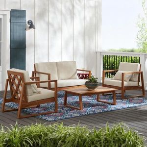 Teak Wood Outdoor Sofa Set Patio Lounge Furniture Cushioned Garden <b>Seating</b> for Terrace Hotel Courtyard - Product Image 1