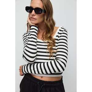 T-shirt basique rayé pour femme à manches longues, coupe ajustée, en coton de haute qualité, vêtement court, style décontracté/sportif/sexy - Product Image 2