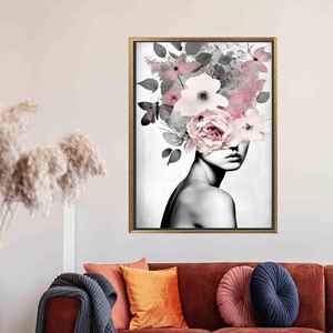 Modern Canvas Art Print - Abstract Floral Woman Wall Decor,Gold <b>Framed</b> - Product Image 1