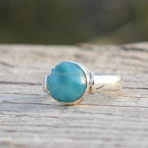 92,5 Plata de Ley Natural azul Larimar piedra preciosa 9mm suave forma redonda hermoso clásico boda anillo de joyería para mujer - Product Image 4