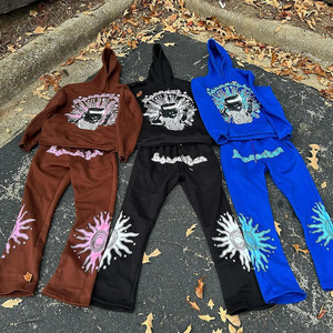 Ensemble Survêtement d'Hiver Graphique Personnalisé Grande Taille Pantalon de Survêtement Évasé Écologique Lavage à l'Acide Soleil Ecran Solide Imprimé Strass - Product Image 1