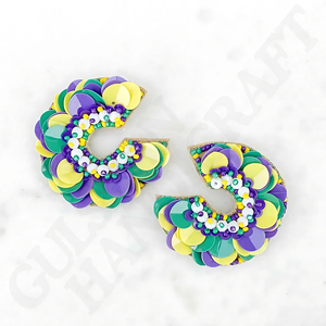 Canal Street Mardi Gras ต่างหูลูกปัดรูปดอกไม้ทำมือชุบเงินสำหรับผู้หญิงเครื่องประดับสีม่วงสีเขียวทอง - Product Image 4