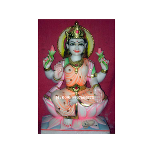 รูปปั้นเทพีลาคสมีมาตา ทำจากหินอ่อนสีขาวบริสุทธิ์ สวยงาม นั่งบนดอกบัวหลากสีสัน สำหรับเทศกาลวิสาหะ (ดิวาลี) - Product Image 1
