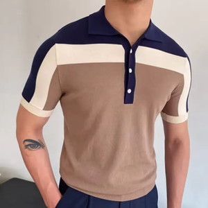 Chemise pour homme à manches courtes en soie glacée et laine avec logo en relief sur le devant, style décontracté, polo - Product Image 5