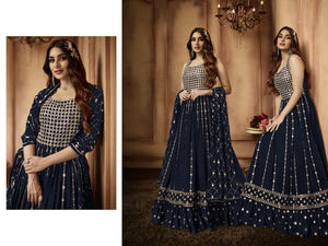Real Georgette Anarkali Suite para niñas bordado y trabajo de secuencia Salwar boda y fiesta vestido paquistaní - Product Image 2