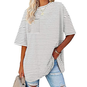 <b>Women's</b> Oversized Half-<b>Sleeve</b> Crew Neck T-<b>Shirt</b> Loose Fit Breathable Canvas Embroidery Decoration <b>White</b> Line Casual Print Style - Product Image 3