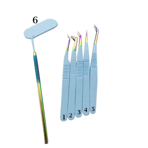 Pinzas de extensión de pestañas de acero inoxidable con recubrimiento de polvo azul cielo de alta calidad, juego de espejo de pestañas con punta de arcoíris para profesionales - Product Image 6