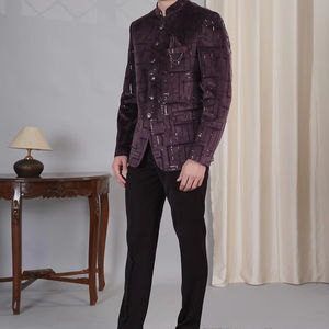 La Scoot ชุดสูทปักลายสำหรับผู้ชาย, ชุดเสื้อผ้า2ชิ้นผ้าโพลีเอสเตอร์ผ้าวิสคอปกตั้งผ้าวิสคอปกกางเกงทรงแบนราบยาวปกติ - Product Image 1