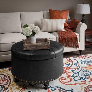 Nouveau meilleur pouf de rangement rond en cuir Pu tufté design avec garniture de tête de clou en noir - Product Image 4