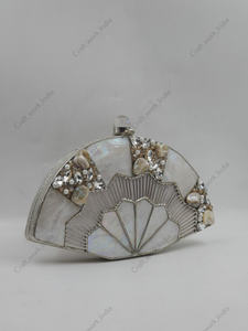 Fan Shape Mother of Pearl Panelled <b>Clutch</b> with Pearl Crystal Inlay <b>Silver</b> Frame Handmade Evening Party <b>Bag</b> <b>for</b> Women - Product Image 3