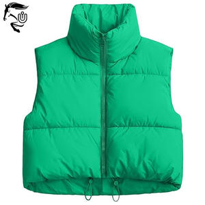 Top chaqueta recortada para mujer, chaleco acolchado, chaqueta verde de invierno sin mangas con cuello alto, cremallera bordada, patrón sólido, ligero - Product Image 2