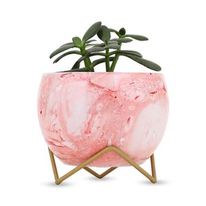 Mini jardinière innovante en métal avec support de couleur dorée motif imprimé de fleurs émaillées blanches pour pot de décoration de balcon de maison - Product Image 2