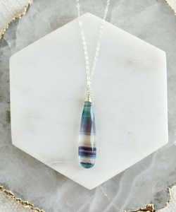 Banded Fluorite pear gemstone <b>wired</b> chain necklace Bohemian 925 <b>sterling</b> <b>silver</b> gold plated handmade pendant necklaces for women - Product Image 4