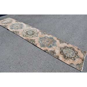 Classique Beige Bleu Laine Tapis 2.5 X 12.2ft À La Main Turc Rectangle Patchwork Latex Support pour Salon Chambre 4m Largeur - Product Image 2