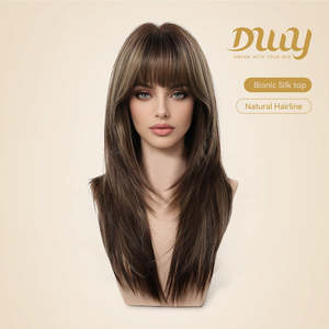 Marion Plus C-DWY 22-Inch Long Wave Glueless Synthetic <b>Wig</b> Bionic Silk Top with Light Brown Lace New Technology Brown Brown Mix - Product Image 2