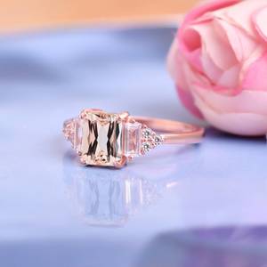Octagon Morganite Anillo de compromiso Cluster Zircon Anillo nupcial Joyería DE BODA Anillo de promesa Regalo de aniversario para ella - Product Image 6