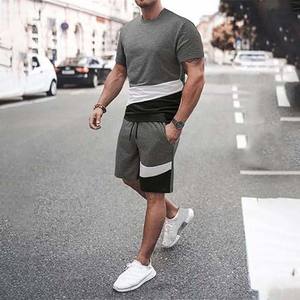 Camisetas de color de bloque y conjuntos cortos Ropa de hombre Tallas grandes Algodón de calidad superior Transpirable High Street Dos piezas Hombres Twin Set - Product Image 5