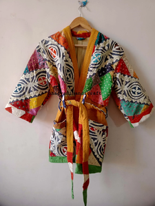 Best Selling Long Winter Quilted Coat Cut Work Embroidery Indian <b>Kimono</b> Style Vintage Kantha Jacket Cotton <b>Belt</b> Breathable - Product Image 5