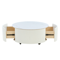 Table basse ronde en pierre frittée blanche de 29,5 po avec 2 tiroirs de rangement et roulettes, table d'appoint mobile moderne pour salon
