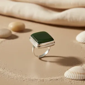 "Geometric <b>Emerald</b> Cut Rhodium Plated <b>Silver</b> Cluster <b>Ring</b> for Women" - Product Image 1