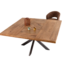 Table à manger en bois pour la maison, le bistrot, le café et le restaurant, avec plateau en bois de teck au design texturé, finition vieillie à la main, base en métal gris