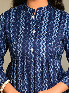 Haut de style Kurti pour femmes en coton à imprimé géométrique, à séchage rapide, manches 3/4, tunique décontractée pour les fêtes, bleu, vêtements ethniques - Product Image 6