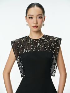 Women Elegant Black Midi <b>Dress</b> with Floral Mesh Crystal Shoulder Design Cotton Poly Spandex OEM ODM Vietnam Manufacturer - Product Image 1