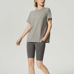 Camiseta holgada de entrenamiento de verano para mujer, camiseta de Fitness para gimnasio con cuello redondo de secado rápido, Manga corta para Yoga y decoración de botones, venta al por mayor - Product Image 6